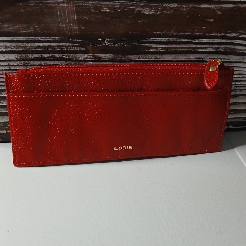 Lodis Long Stacker With Snap Strap- Red Leather Side Zip Wallet 8 Card Holder